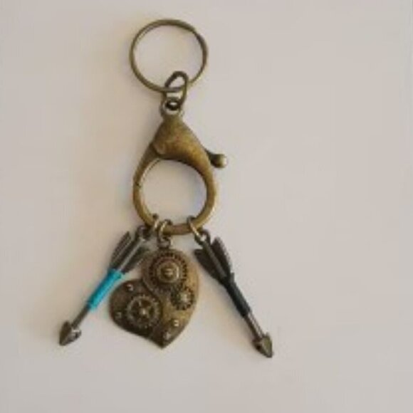 Brass Key Chain or Purse Charm- With Heart and Two Arrows - Hand Crafted - Picture 1 of 2